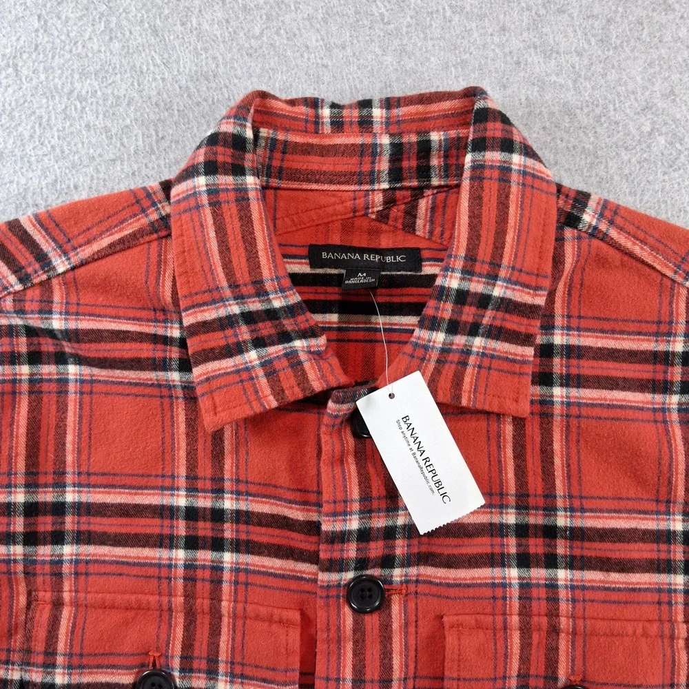 Banana Republic Flannel Shirt Jacket Mens M Red Plaid Flap Pocket Big Button